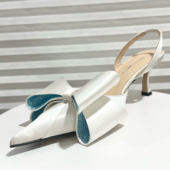 🌺MACH & MACH🌺 Le Cadeau 65 Satin Slingback Pumps White Blue Size: 37 - Picture 3 of 16